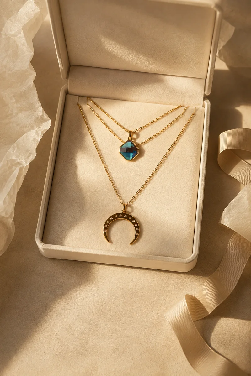 Sample pendant set arranged as a gift presentation
